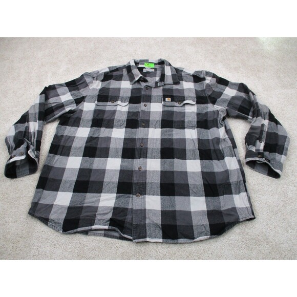 Carhartt Shirt Mens 2XL XXL Black Gray Flannel Check Workwear Casual Button Up - Picture 1 of 12